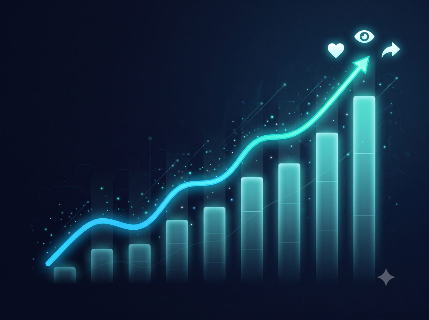 Upward trending engagement chart with likes, views, and shares icons