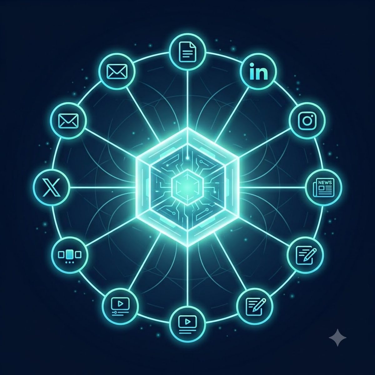 A central engine radiating out to icons representing LinkedIn, Instagram, blog, newsletter, and other content formats